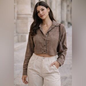 American Eagle Outfitters brown plaid button down long sleeve crop top Shirt XS